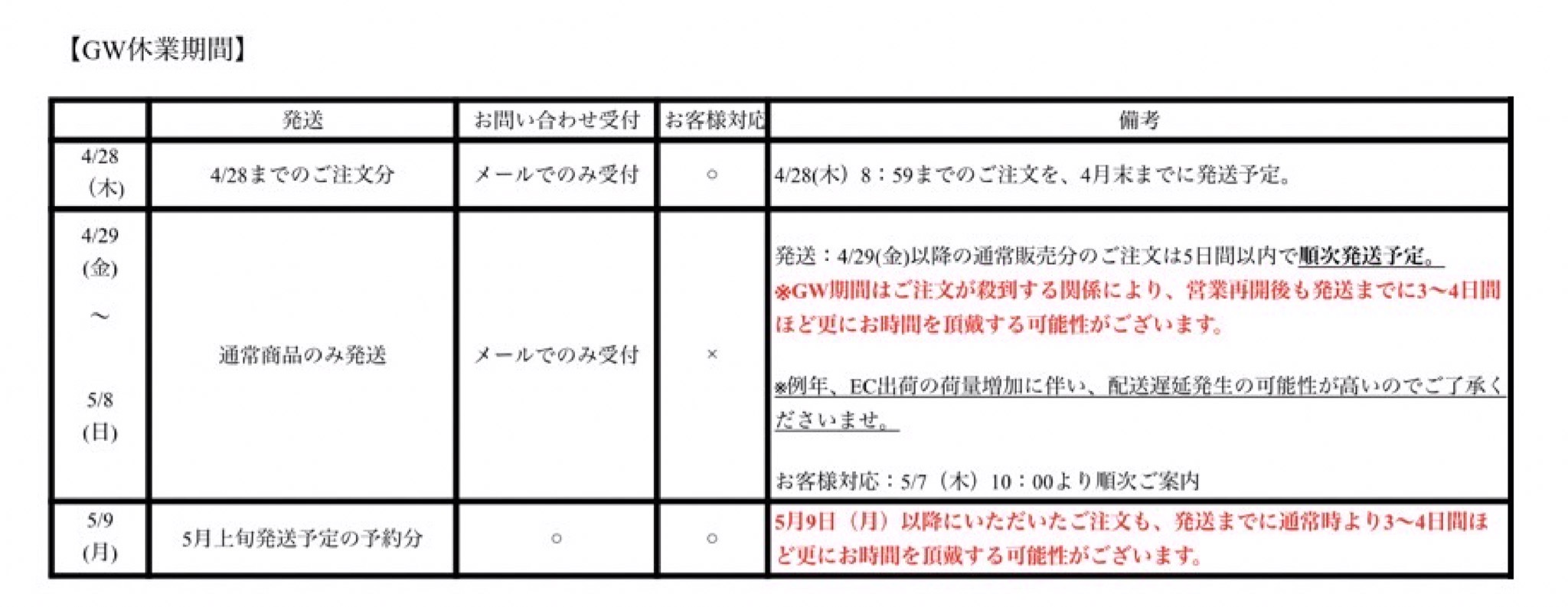 GWスケジュール