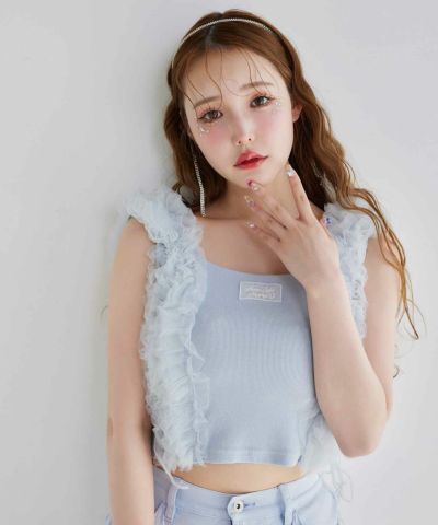 人気 ブランド チェック moon light collection】チュールフリルノースリトップス marine タンクトップ